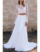 White Two Piece Wedding Dress With Lace Crop Top And Chiffon Skirt