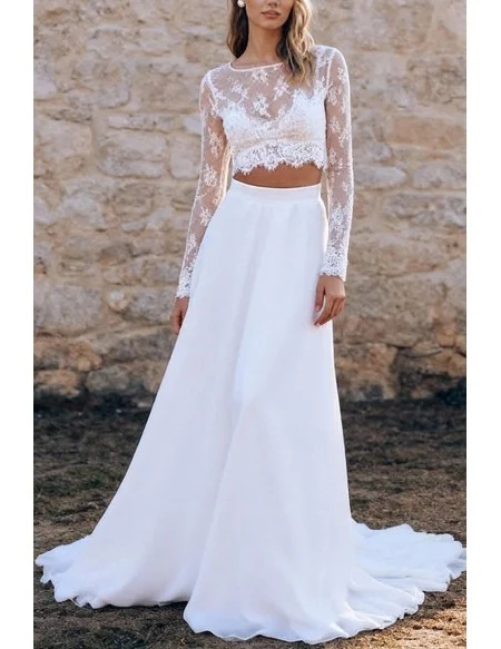 White Two Piece Wedding Dress With Lace Crop Top And Chiffon Skirt