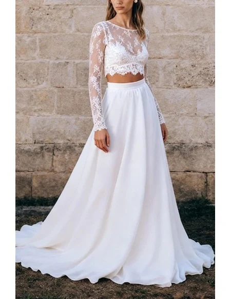 White Two Piece Wedding Dress With Lace Crop Top And Chiffon Skirt