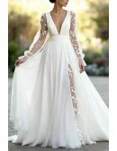 Graceful White Vneck Wedding Dress With Sheer Sleeves And Floral Embroidery