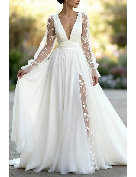 Graceful White Vneck Wedding Dress With Sheer Sleeves And Floral Embroidery