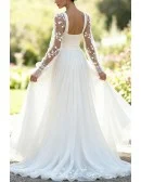 Graceful White Vneck Wedding Dress With Sheer Sleeves And Floral Embroidery