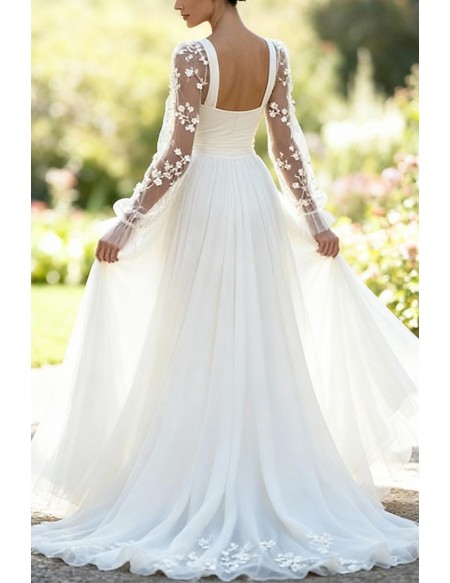 Graceful White Vneck Wedding Dress With Sheer Sleeves And Floral Embroidery