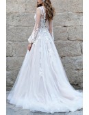 Majestic White Tulle Lace Wedding Dress With Long Sleeves And V Neckline