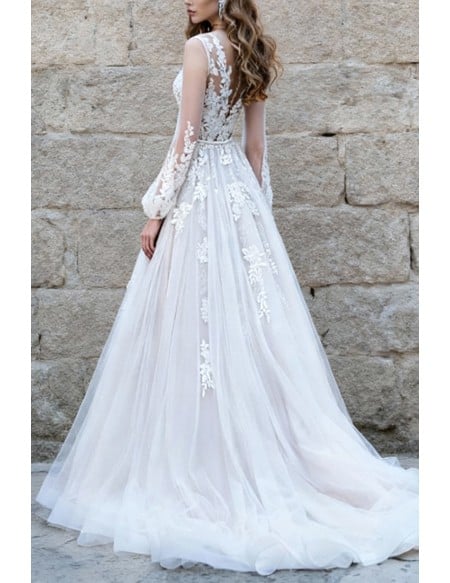 Majestic White Tulle Lace Wedding Dress With Long Sleeves And V Neckline