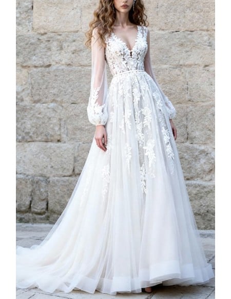 Majestic White Tulle Lace Wedding Dress With Long Sleeves And V Neckline