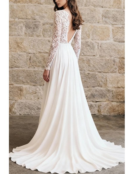 Gorgeous Lace Long Sleeved Vneck Wedding Dress with Open Back