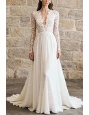 Gorgeous Lace Long Sleeved Vneck Wedding Dress with Open Back