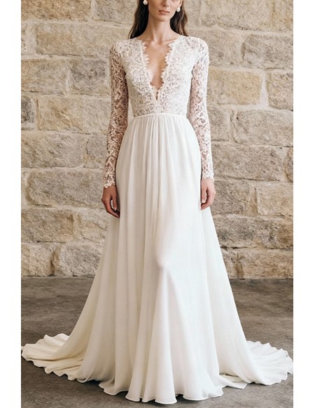 Gorgeous Lace Long Sleeved Vneck Wedding Dress with Open Back