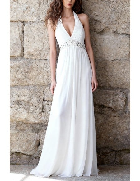 Vneck Long Halter Chiffon Beach Wedding Dress With Beaded Waist