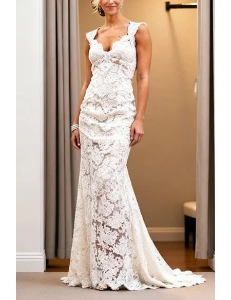 Elegant White Mermaid Lace Wedding Dress With Open Back And V-Neckline