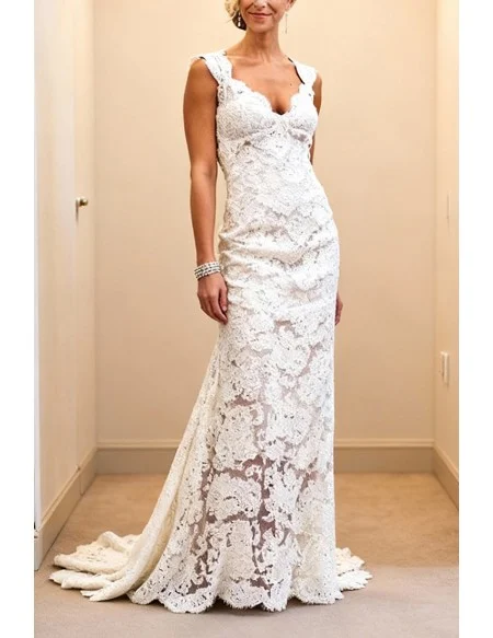 Elegant White Mermaid Lace Wedding Dress With Open Back And V-Neckline