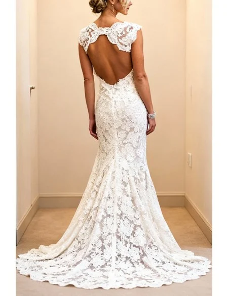 Elegant White Mermaid Lace Wedding Dress With Open Back And V-Neckline