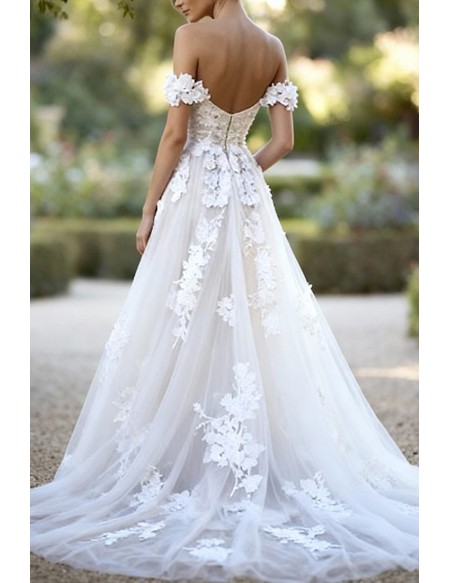 Gorgeous White Off Shoulder Wedding Dress With Floral Lace Applique