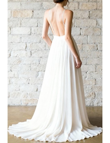 Ivory Flowy Beach Wedding Gown Backless Featuring V-Neckline And Long Train