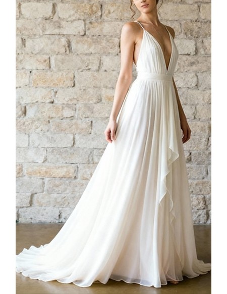 Ivory Flowy Beach Wedding Gown Backless Featuring V-Neckline And Long Train