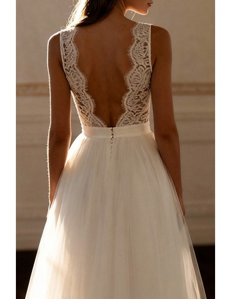 Simple A-Line Open Back Wedding Gown Featuring Lace Bodice And Tulle Skirt