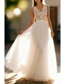 Simple A-Line Open Back Wedding Gown Featuring Lace Bodice And Tulle Skirt