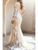Champagne Mermaid Lace Wedding Dress With Long Sleeves And Illusion Neckline