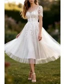 White Tea Length Wedding Dress With Short Sleeves And Appliques
