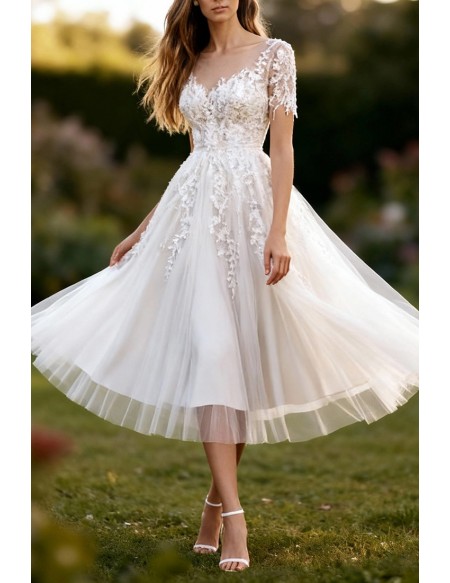 White Tea Length Wedding Dress With Short Sleeves And Appliques