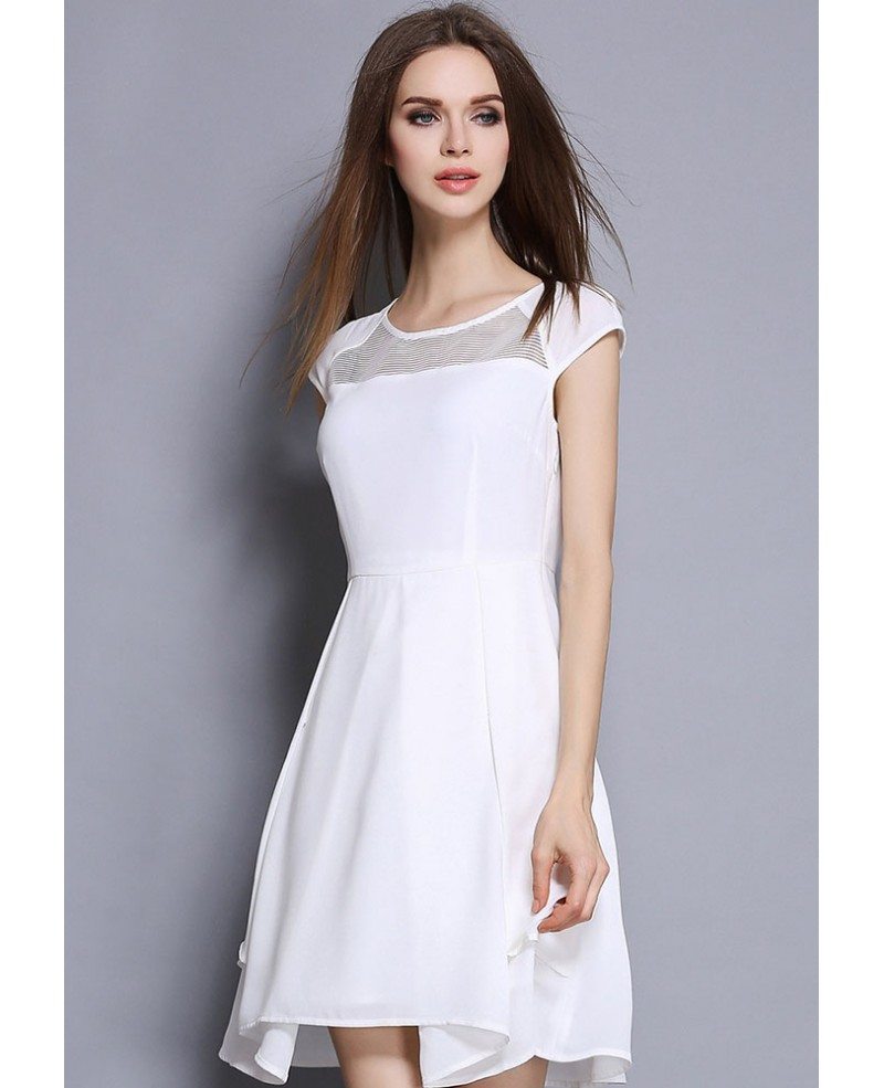 White Cape Sleeves A-Line Chiffon Asymmetrial Dress -GemGrace