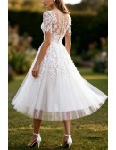 White Tea Length Wedding Dress With Short Sleeves And Appliques