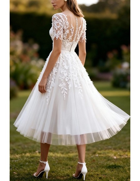 White Tea Length Wedding Dress With Short Sleeves And Appliques
