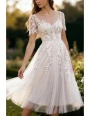 White Tea Length Wedding Dress With Short Sleeves And Appliques