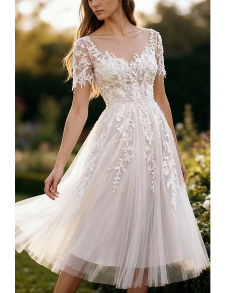 White Tea Length Wedding Dress With Short Sleeves And Appliques
