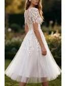 White Tea Length Wedding Dress With Short Sleeves And Appliques