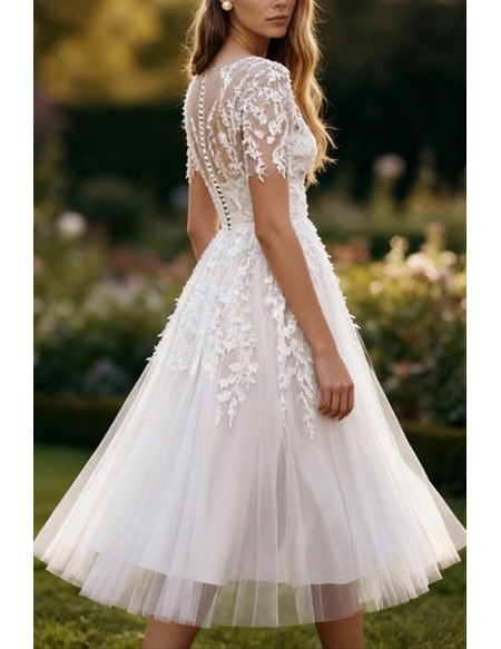 White Tea Length Wedding Dress With Short Sleeves And Appliques