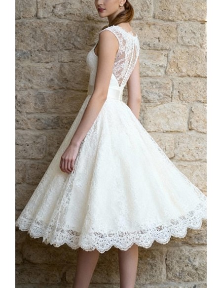 Charming Tea Length Lace Wedding Dress With Cap Sleeves