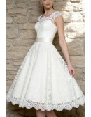 Charming Tea Length Lace Wedding Dress With Cap Sleeves
