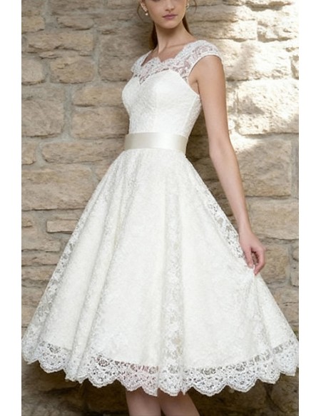 Charming Tea Length Lace Wedding Dress With Cap Sleeves