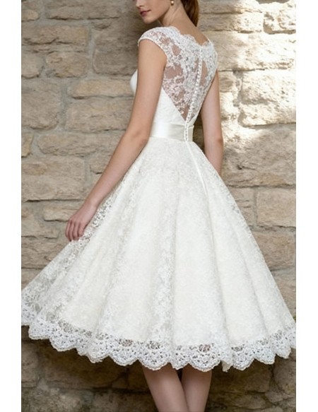 Charming Tea Length Lace Wedding Dress With Cap Sleeves