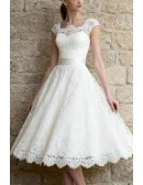 Charming Tea Length Lace Wedding Dress With Cap Sleeves