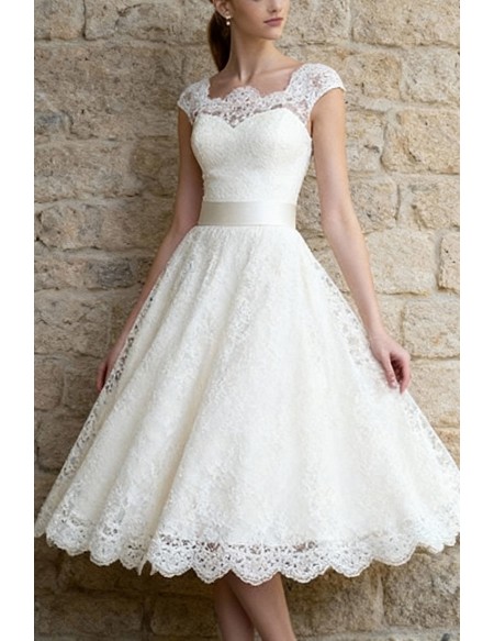 Charming Tea Length Lace Wedding Dress With Cap Sleeves