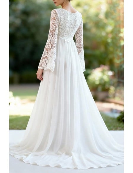 White Maternity Empire Waist Wedding Dress With Lace Long Sleeves