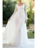 White Maternity Empire Waist Wedding Dress With Lace Long Sleeves