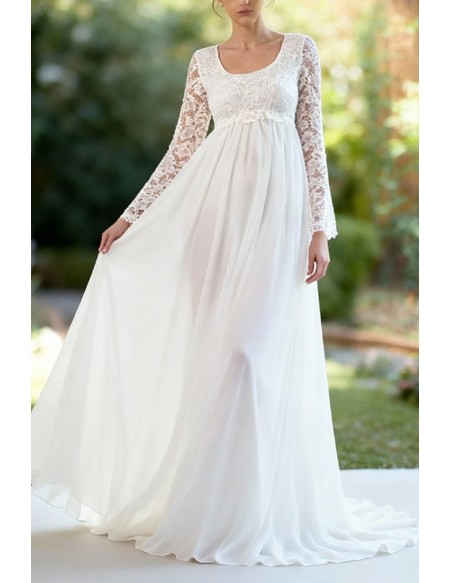 White Maternity Empire Waist Wedding Dress With Lace Long Sleeves