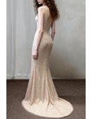 Stunning Shiny Champagne All Sequin Mermaid Prom Dress Long with Open Back