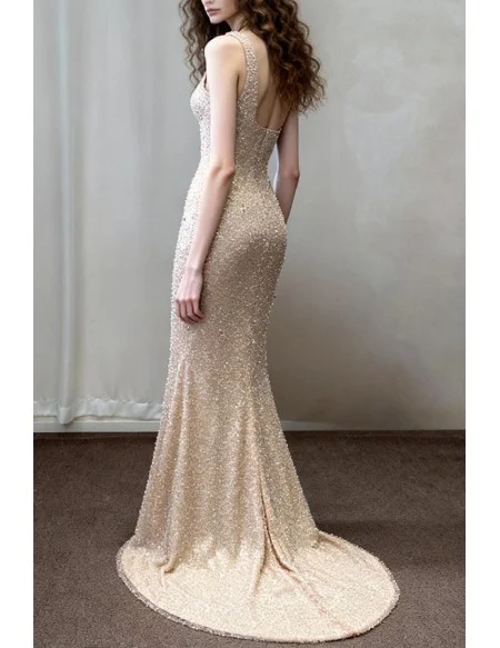 Stunning Shiny Champagne All Sequin Mermaid Prom Dress Long with Open Back