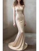 Stunning Shiny Champagne All Sequin Mermaid Prom Dress Long with Open Back