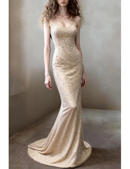 Stunning Shiny Champagne All Sequin Mermaid Prom Dress Long with Open Back