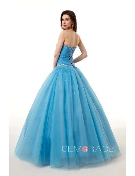 Ocean Blue Ballgown Beaded Sweetheart Long Tulle Prom Dress