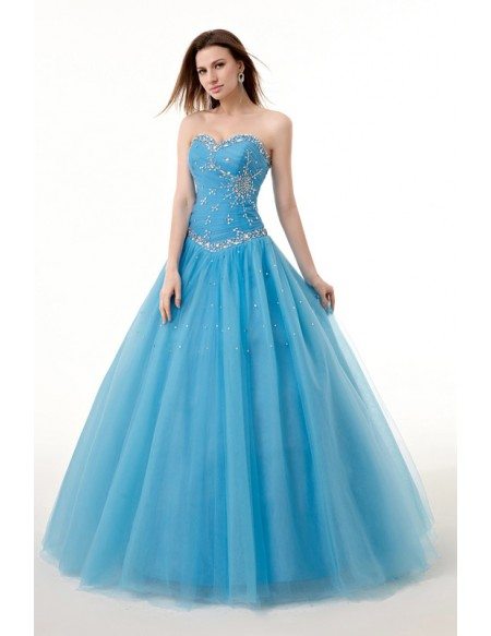 Ocean Blue Ballgown Beaded Sweetheart Long Tulle Prom Dress
