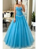 Ocean Blue Ballgown Beaded Sweetheart Long Tulle Prom Dress