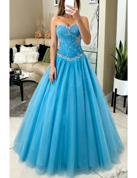 Ocean Blue Ballgown Beaded Sweetheart Long Tulle Prom Dress