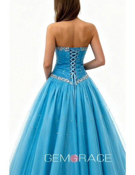 Ocean Blue Ballgown Beaded Sweetheart Long Tulle Prom Dress